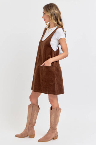 Casual Corduroy Overall Dress in Brown