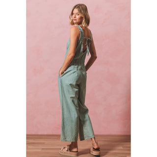 Ruffled Overalls with Tie Back in Light Denim