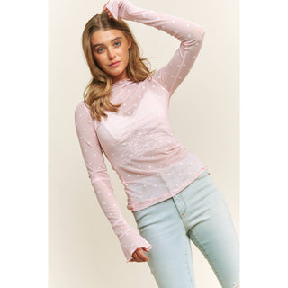 Heart Patterned Mesh Long Sleeve in Pink