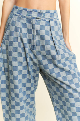 Checkered Barrel Pants in Denim