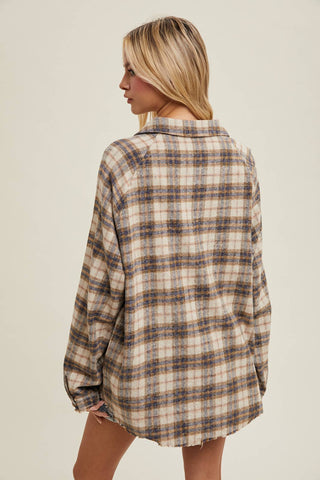 Plaid Raw Edge Shirt in Sand & Navy