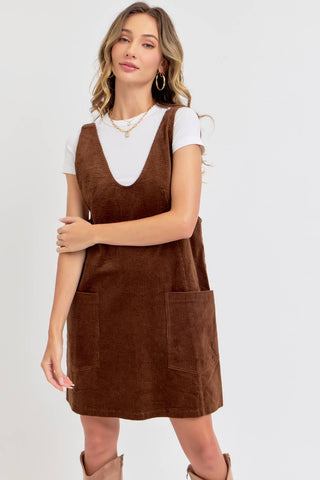 Casual Corduroy Overall Dress in Brown