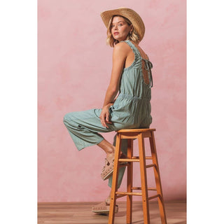 Ruffled Overalls with Tie Back in Light Denim