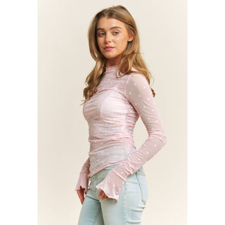 Heart Patterned Mesh Long Sleeve in Pink