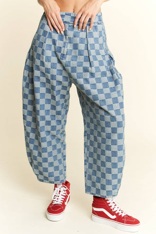 Checkered Barrel Pants in Denim