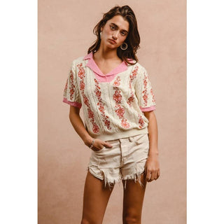 Floral Embroidery Collared Knit Top