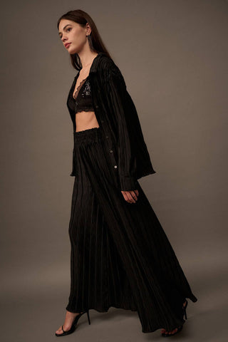 Solid Black Pleated High Waist Wide Leg Pants