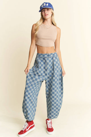 Checkered Barrel Pants in Denim