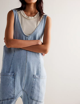 Denim Blue Adjustable Shoulder High Roller Jumpsuit