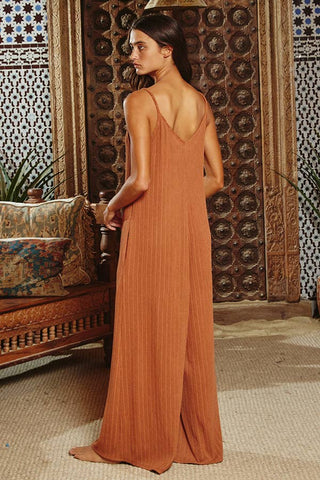 Wide Leg Solid Ribbed Knit Jumpsuit in Rust