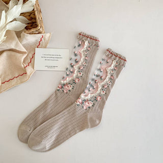 Vintage Floral Pattern Sheer Socks in Khaki