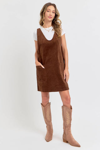 Casual Corduroy Overall Dress in Brown