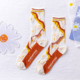 Hollow-out Floral Pattern Sheer Socks in Orange