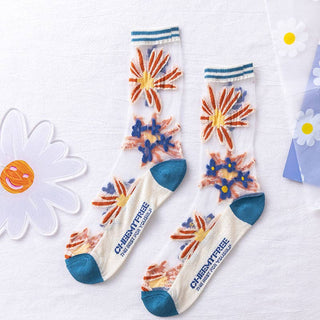 Hollow-out Floral Pattern Sheer Socks in Blue