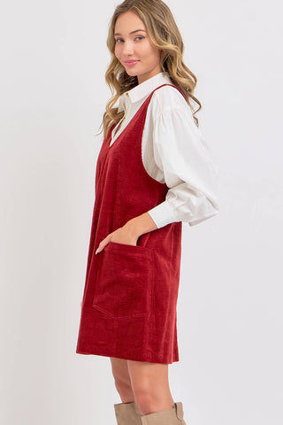 Casual Corduroy Overall Dress in Burgundy