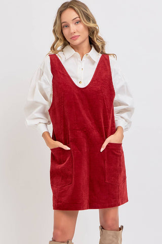 Casual Corduroy Overall Dress in Burgundy