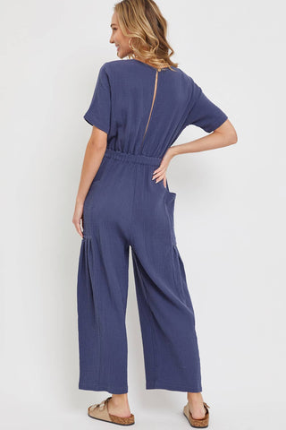 One-Piece Cotton Gauze Wide-Leg Jumpsuit in Indigo