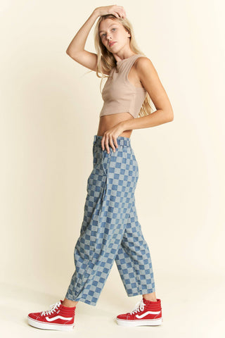 Checkered Barrel Pants in Denim