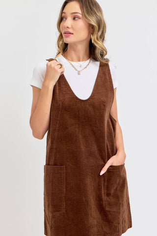 Casual Corduroy Overall Dress in Brown