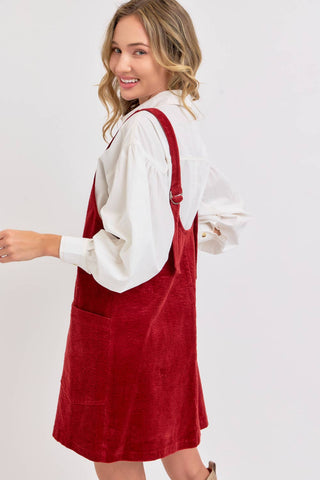 Casual Corduroy Overall Dress in Burgundy