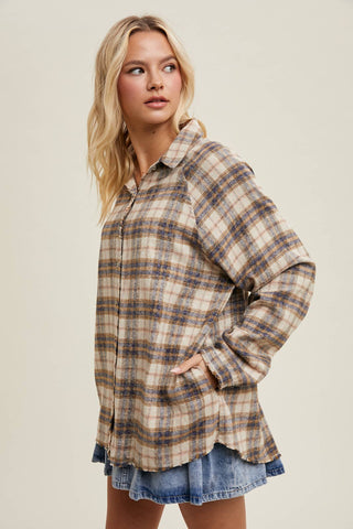 Plaid Raw Edge Shirt in Sand & Navy