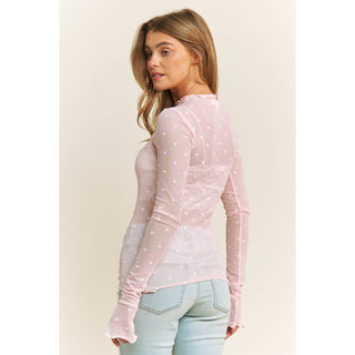 Heart Patterned Mesh Long Sleeve in Pink