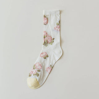 Summer Floral Pattern Sheer Socks in White