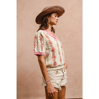 Floral Embroidery Collared Knit Top