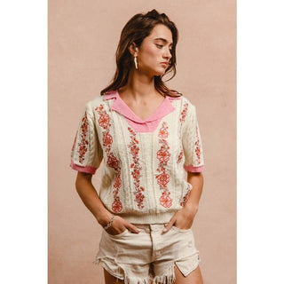 Floral Embroidery Collared Knit Top