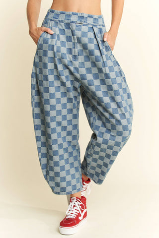 Checkered Barrel Pants in Denim