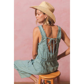 Ruffled Overalls with Tie Back in Light Denim