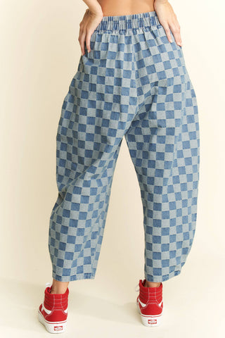 Checkered Barrel Pants in Denim