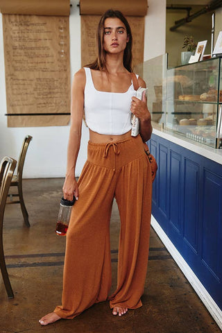 Wide Leg Flattering Drape Solid Pants in Camel