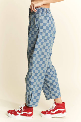 Checkered Barrel Pants in Denim