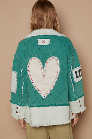 Color blocked twill patch studded back heart jacket