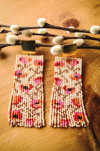 Beaded Handwoven Poppy Flower Fringe Earrings (Cream/Pink)