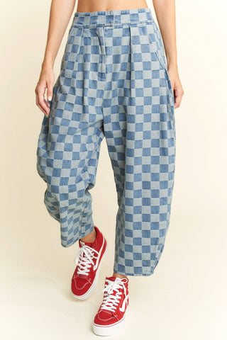 Checkered Barrel Pants in Denim