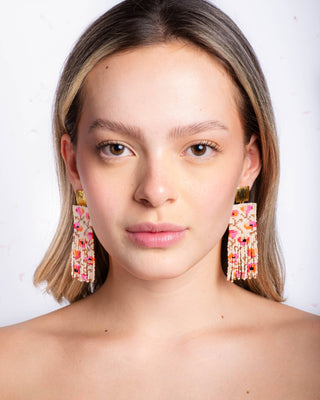 Beaded Handwoven Poppy Flower Fringe Earrings (Cream/Pink)