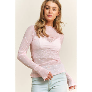 Heart Patterned Mesh Long Sleeve in Pink