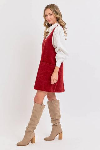 Casual Corduroy Overall Dress in Burgundy