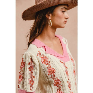 Floral Embroidery Collared Knit Top