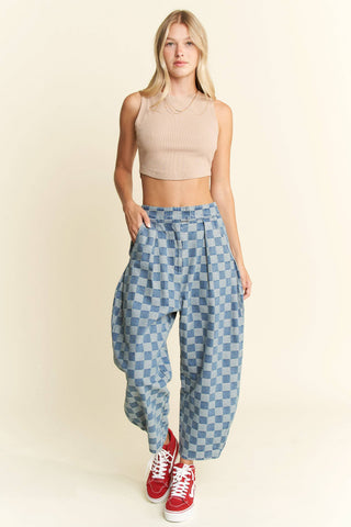 Checkered Barrel Pants in Denim