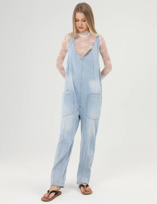 Denim Blue Adjustable Shoulder High Roller Jumpsuit