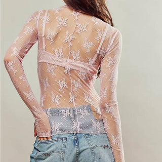 Lux Layering Floral Lace See Through Mesh Top in Pink