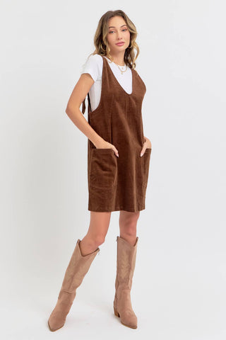 Casual Corduroy Overall Dress in Brown